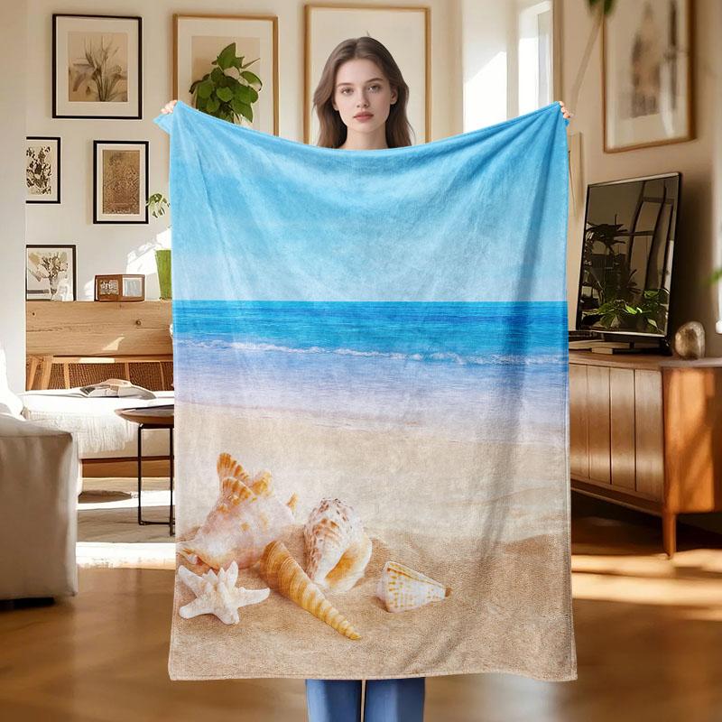 Starfish shell beach theme flannel blanket suitable for travel, camping, sofa, bed, tourism, holiday gifts Halloween Christmas