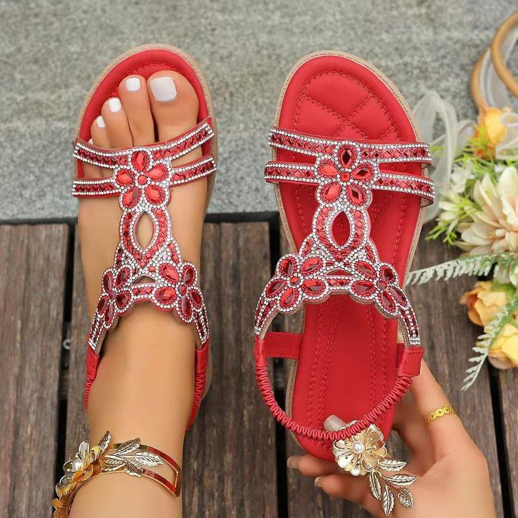 Summer New Flat Bottom Large Size Rhinestone Flower Elastic Fish Mouth Sandals Women