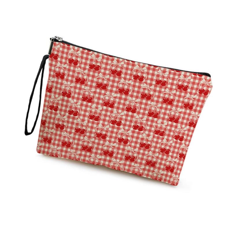 Korean Cherry Plaid Cosmetic Bag Large Capacity Stationery Bag Travel Toiletry Bags Portable Multifunctional Storage Pouch
