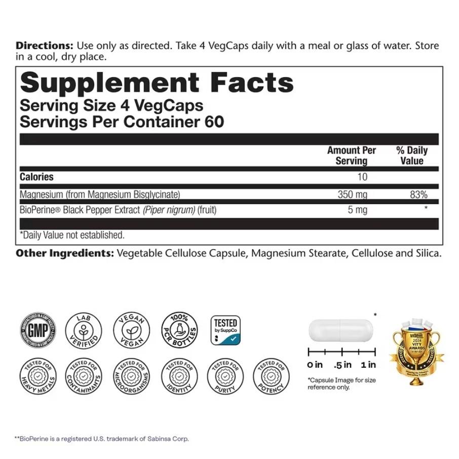 Solaray High Absorption Magnesium Glycinate 350mg Veggie Capsules, 240 Count
