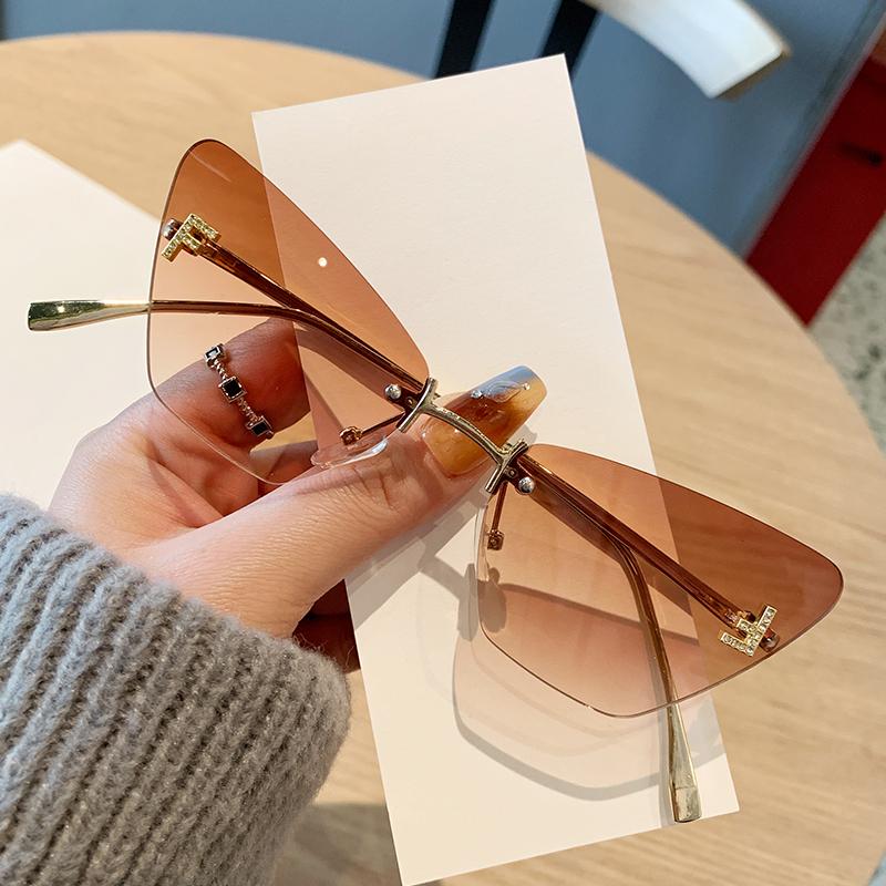 New Letter F Diamond-set Sunglasses Women High-end Frameless Edge-cut Cat Eye Metal Sunglasses 90317