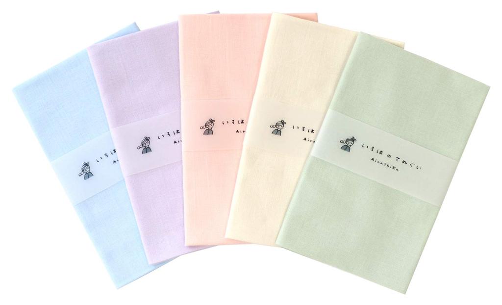 KOMESICHI Iroha Colored Solid Tenugui Hand Set of Made in 87 x 33 F Pattern Towels, 5, 100% Cotton, Japan, Anti-Fray Finish, cm,