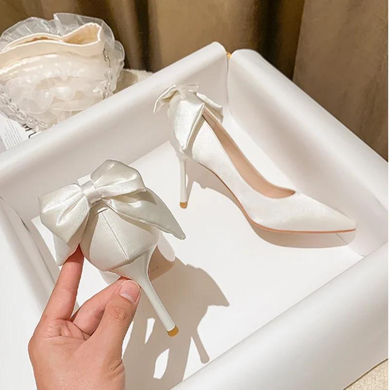 Fashion Bow Strap Fashion Women's Shoes High Heel Fine with Simple Flannelette A Pointy Band High Heels with Single Shoes for Ladies