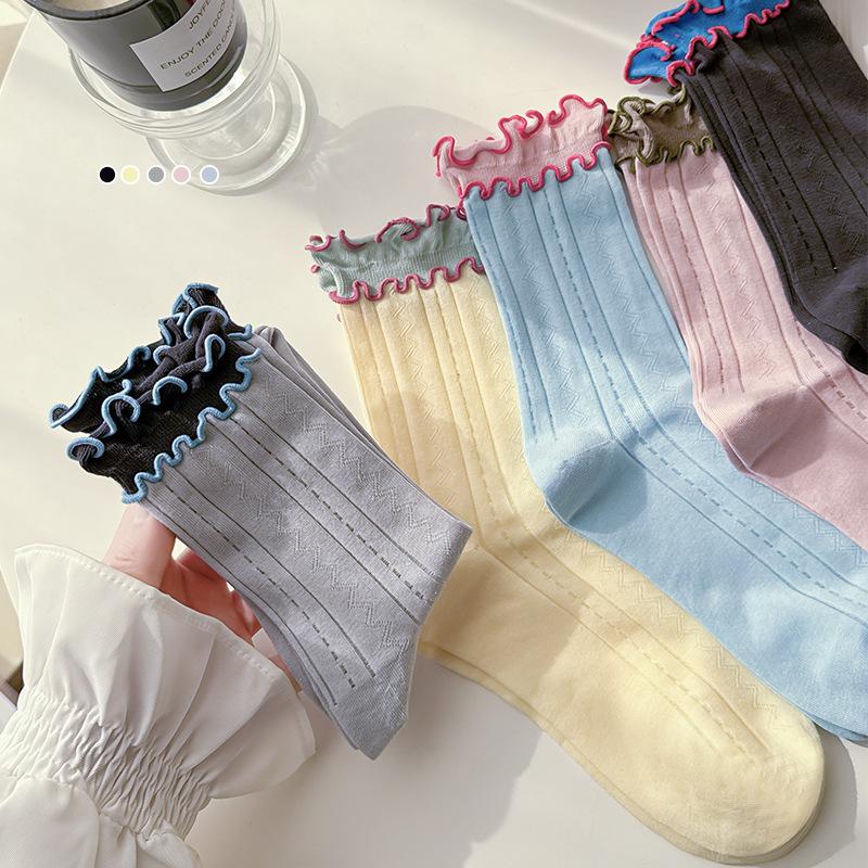 5 Pairs of New Female Spring and Summer Matching Color Lace Mesh Breathable Tube Socks