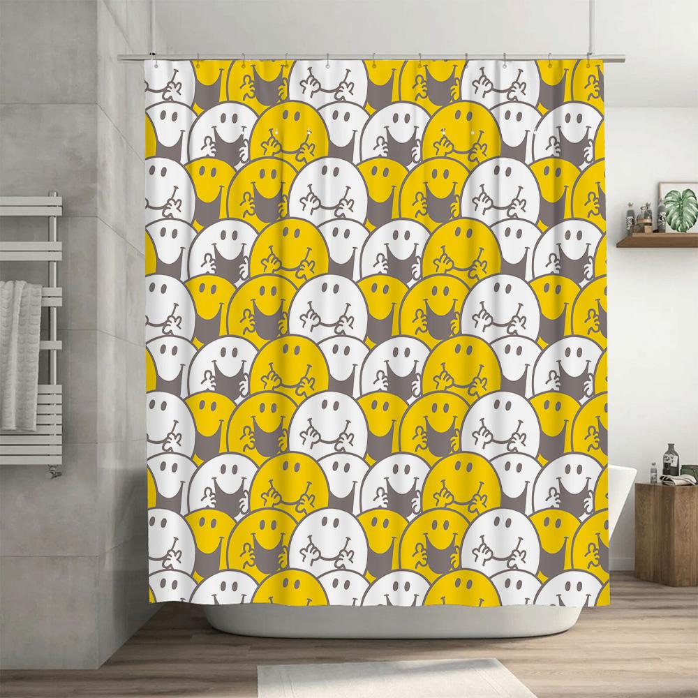 Modern Happy Face Shower Curtain Waterproof Fabric Bathroom Decor Yellow White Smiley Print Pattern Bath Mat Set for Kids Home D