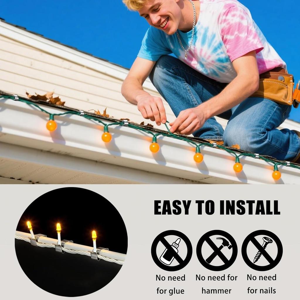 Y.A. LOTUS 50 Pcs Gutter Clips for Hanging Outdoor Lights, Premium Steel Gutter Hooks for Xmas Halloween Seasonal Rope Mini Decoration String Lights