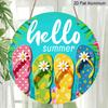 2D flache Aluminium "Hallo Sommer" Flip-Flop Dekoschilder und Plaketten, in verschiedenen Größen erhältlich. Bunte Wanddekorationen im tropischen Stil mit