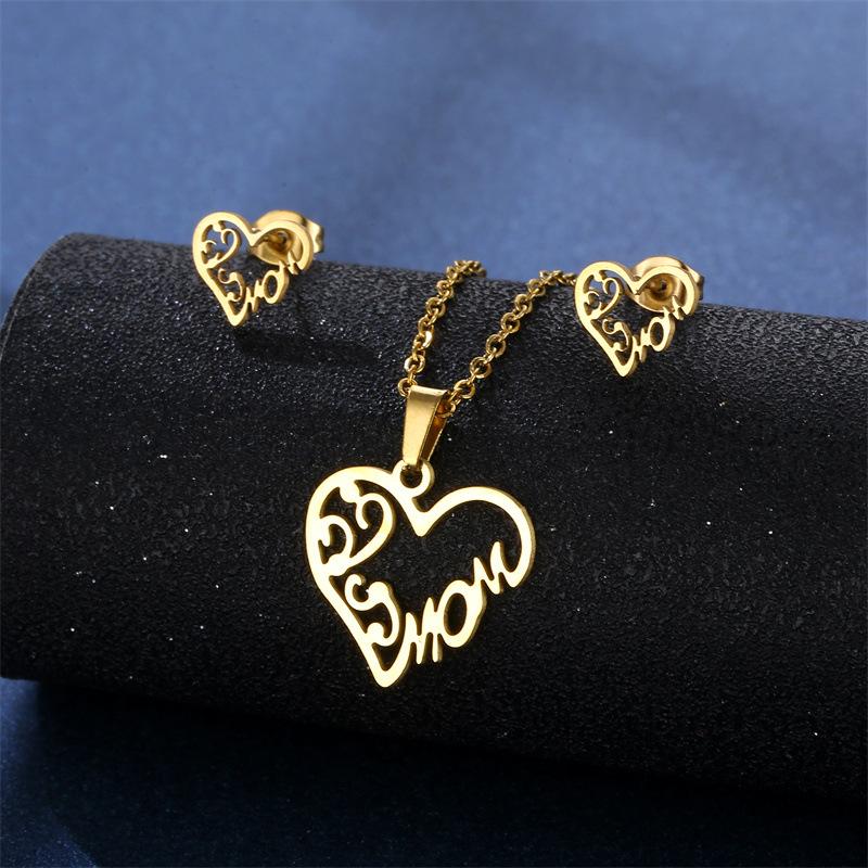 

Cross border European and American Love English Mom MOM Letter Pendant Stainless Steel Necklace Earnail Set Mother s Day Gift