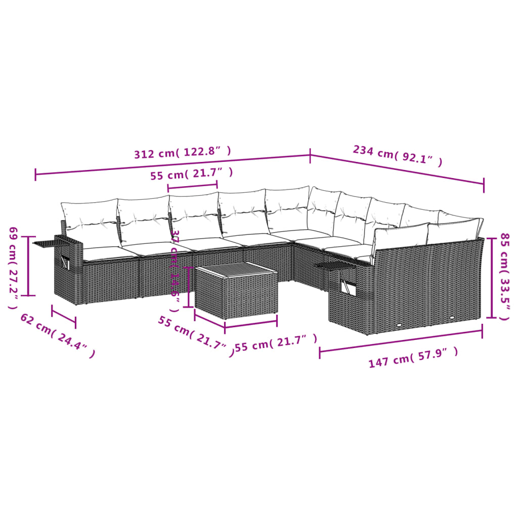 Vidaxl 11-Cz. Garden Lounge Set, Cushions Black Rattan Pe