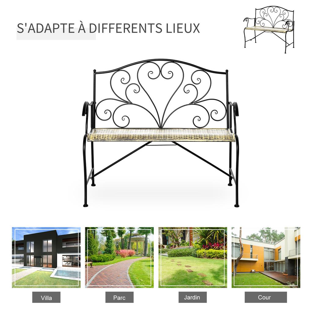 Panca da Giardino a 2 Posti Stile Neo-Retro Ferro Battuto Linee Coniche Metallo Nero Oro Effetto Invecchiato