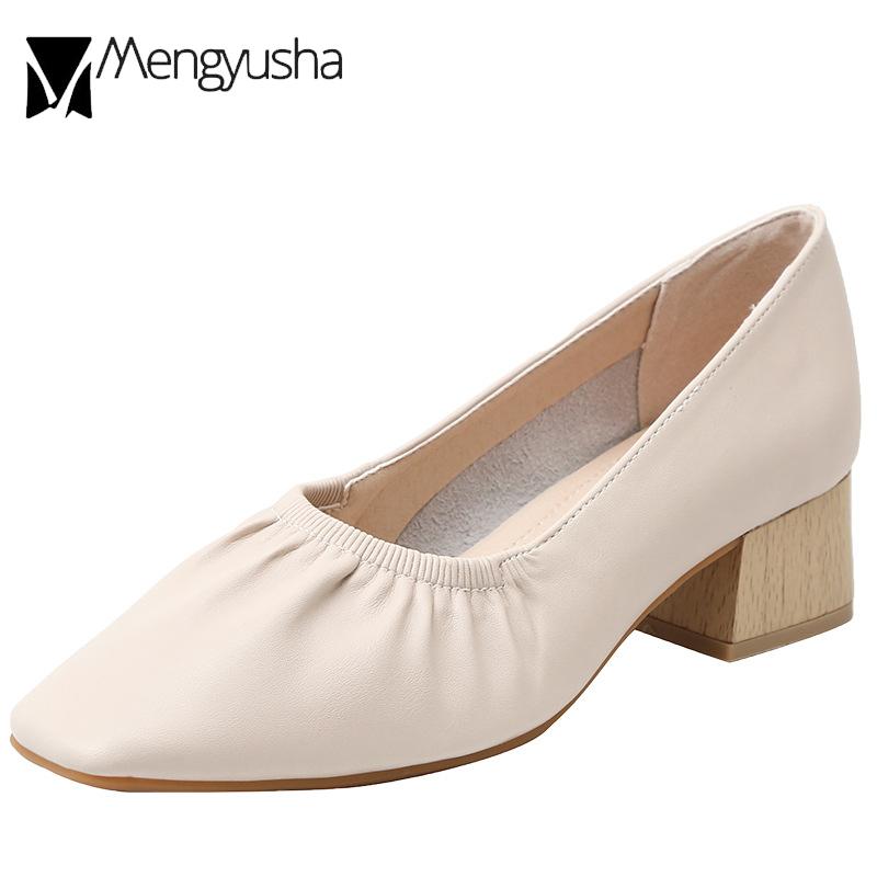 Fashion 2024 Brief Leather Shoes Woman Grandma Loafers Stretch Slip On Mary Jeans Femme Wood Heeled Pumps Ladies 4cm Medium High Heels