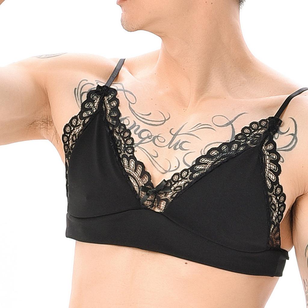 Mens Sheer Lace Bra Soft Bralette with Removable Straps Lightweight Sleepwear Loungewear