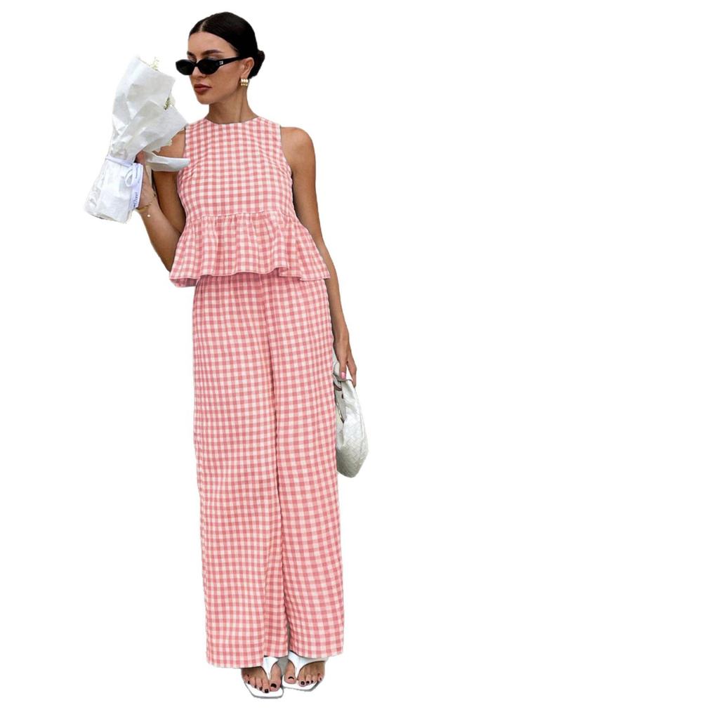 Completo da donna con crop top senza maniche a quadretti Vichy e pantaloni a gamba larga