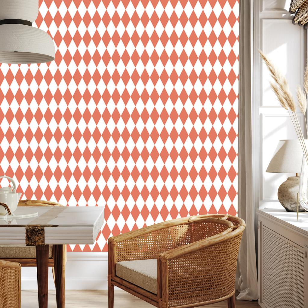 Harlequin Diamonds Wallpaper Coral and White for Living Room and Bedroom 50x1000