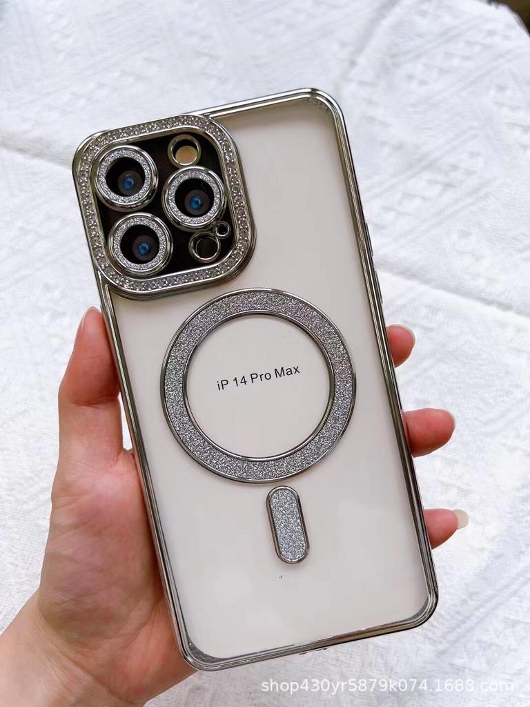 Anwendbar auf Apple IPhone 15 Seite Diamant Magnetische Saug Handyhülle Gold Integrierter Glitzer Versiegeltes Kamera Diamant Etui