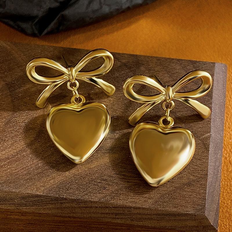 Heart Pendant Bow Stud Earrings for Women - High-end Feel Accessory