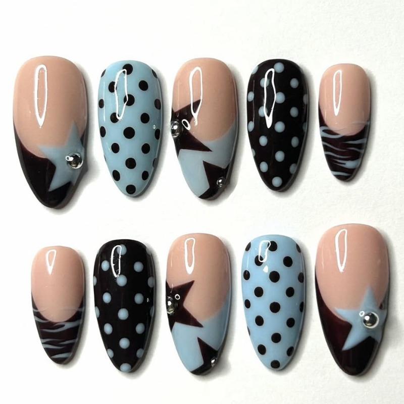 24Pcs Y2K Blue Star Almond Press On Nails Black Polka Dot French Tip Full Cover Fake Nails Sweet Cool Manicure