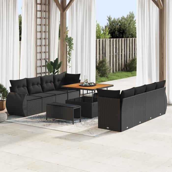Ensemble de 11 Pièces de Canapé de Jardin avec Coussins en Rotin Noir 3363804