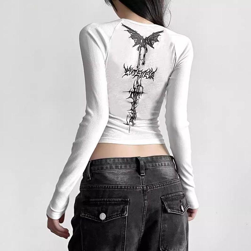 Personalized Printed Long-Sleeve Short T-Shirt for Women, Korean Style, Slim Fit, Regular Shoulder, Suitable for Spring and Autumn