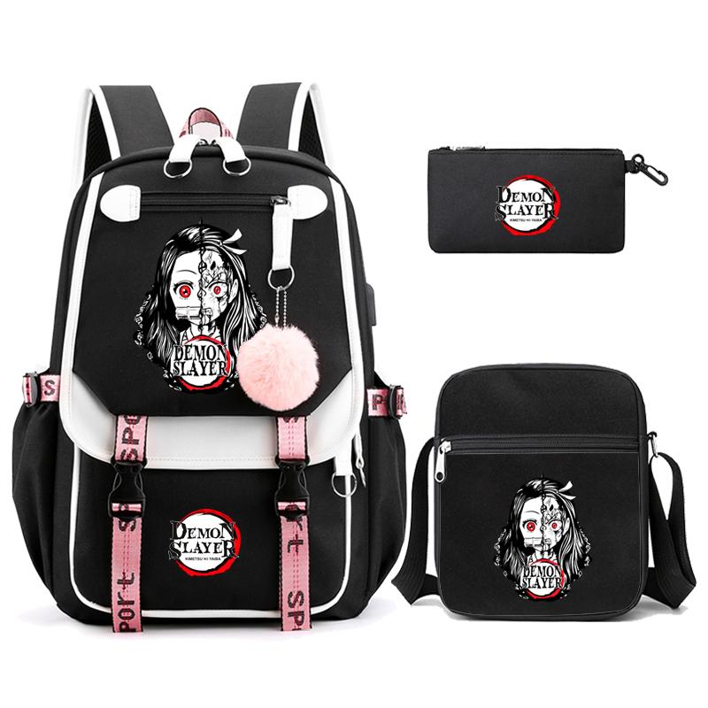 3Pcs/set Demon Slayer Kamado Nezuko Backpacks for Girls Anime School Bag Teenager Student Canvas Laptop Back Pack Women Rucksack