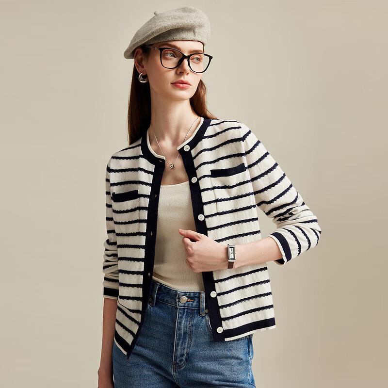 Zhaojun Women's Striped Pure Cashmere Round Neck Cardigan