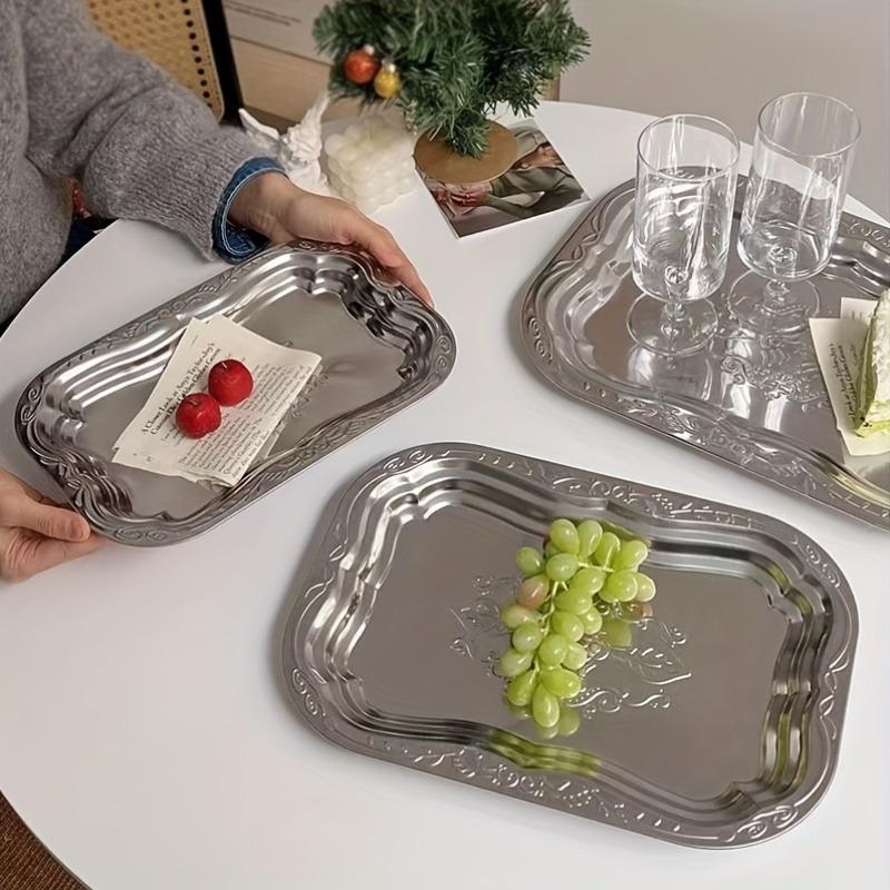 3pcs Elegant Stainless Steel Serving Tray Set Retro Dessert Breakfast Trays Decor Plate with Floral for Serving Drinks and Snack