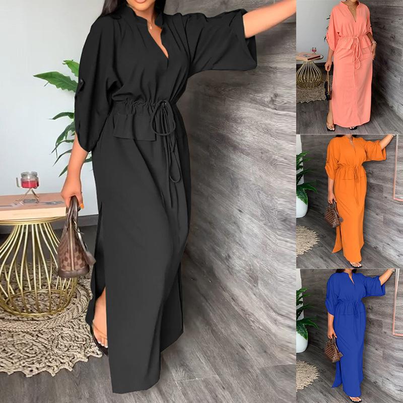 Spring New Women's Loose Casual Long Dress with Slit And Belt Pure Color Cross-Border Fashion High Waist Step Dress