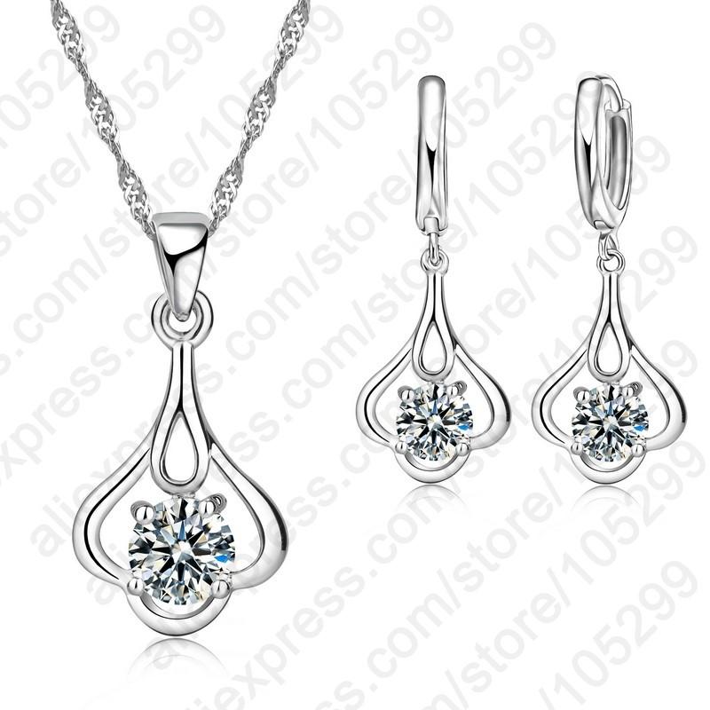 New Arrival Trendy Flower Pendant 925 Sterling Silver Jewelry Cubic Zircon Necklace Drop Earring For Women Wedding Set