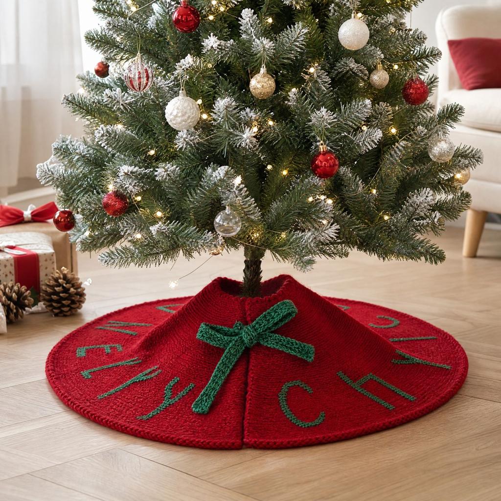 Red Knitted Wool Christmas Tree Skirt for Holiday Tree Base Decoration and Ornaments