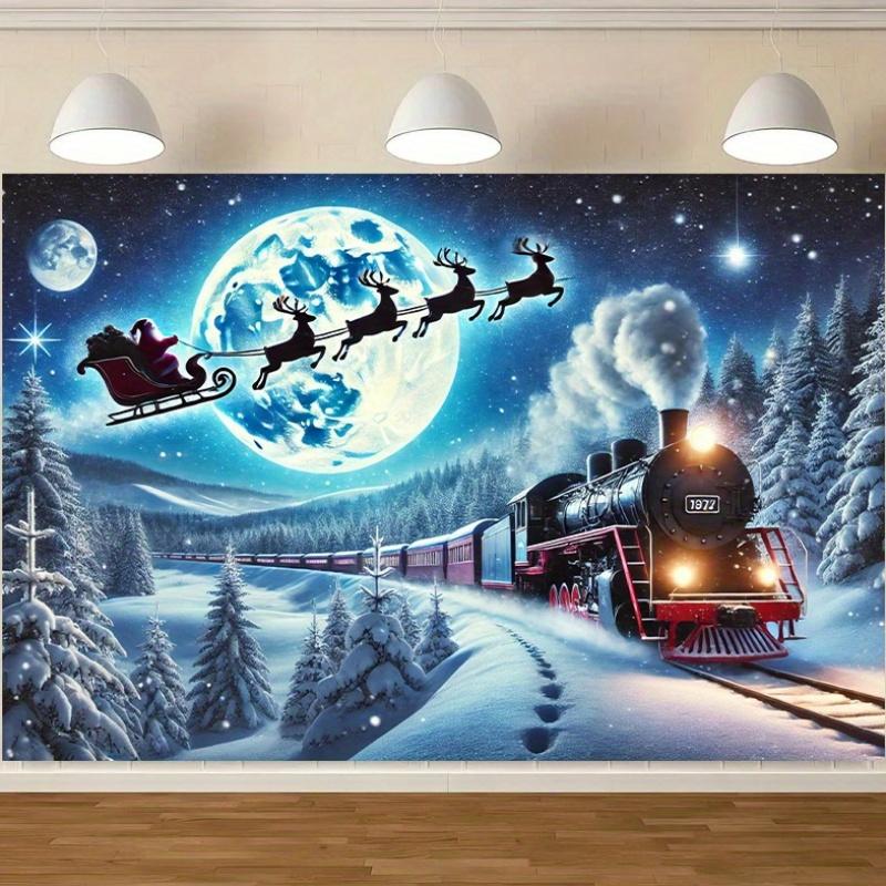 

Winter Night Sky Steam Train Christmas Scene Decoration Background Winter Photography Backdrop Decorations For Photo Studio Photo Booth ChristamsParty W100*L75cm