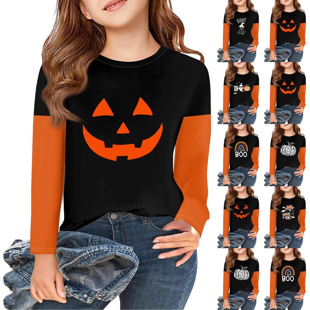 Jenter Langermet Halloween Dag T-skjorter Barn Høst Topper Rund hals Basic T-skjorter 2-11Å