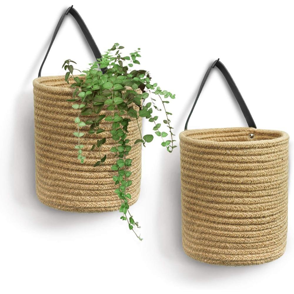 Goodpick 2pack Jute Hanging Basket - Small Woven Fern Hanging Rope Basket Flower Plants Wall Basket Decor Set Boho, 7.87 X 7 X 11.7 Inches