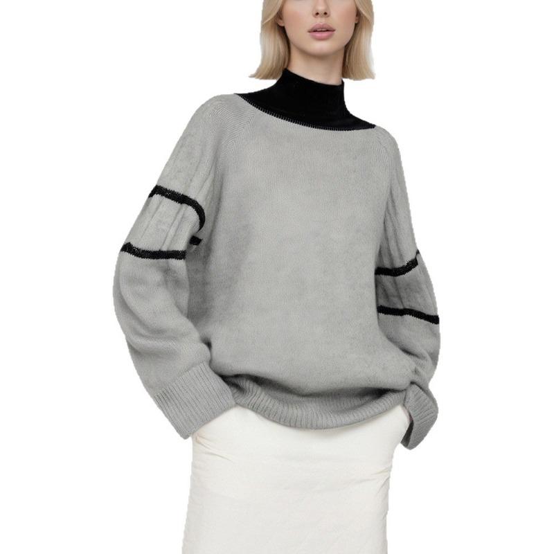 Contrast color collar design sense turtleneck sweater women's style lazy casual autumn and winter new loose inner knitted sweater