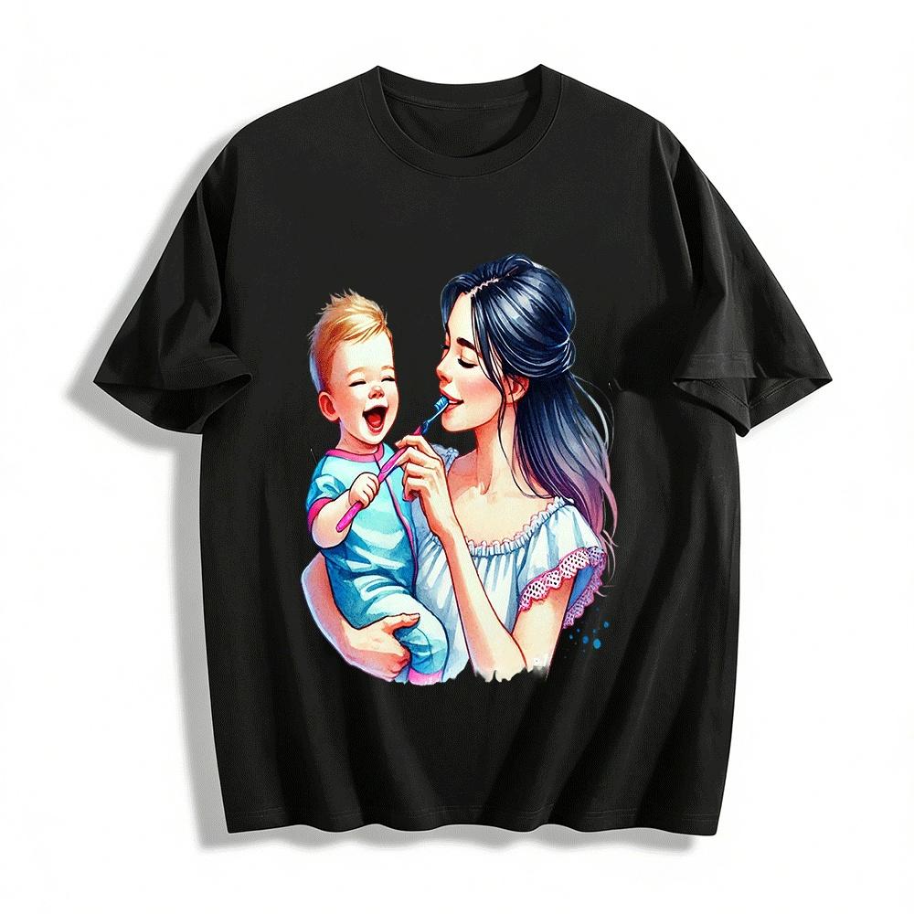 

Mother Baby Toothbrush Time Print Casual Family Themed Top Pure cotton T-shirt XXS