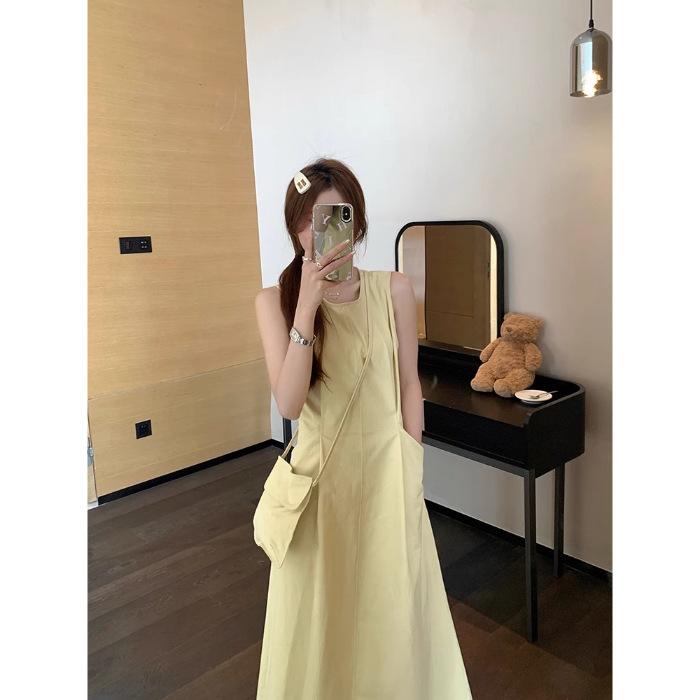 

[Invisible zipper + small backpack] pure and gentle yellow dress women s summer round neck waist slimming A-line back S