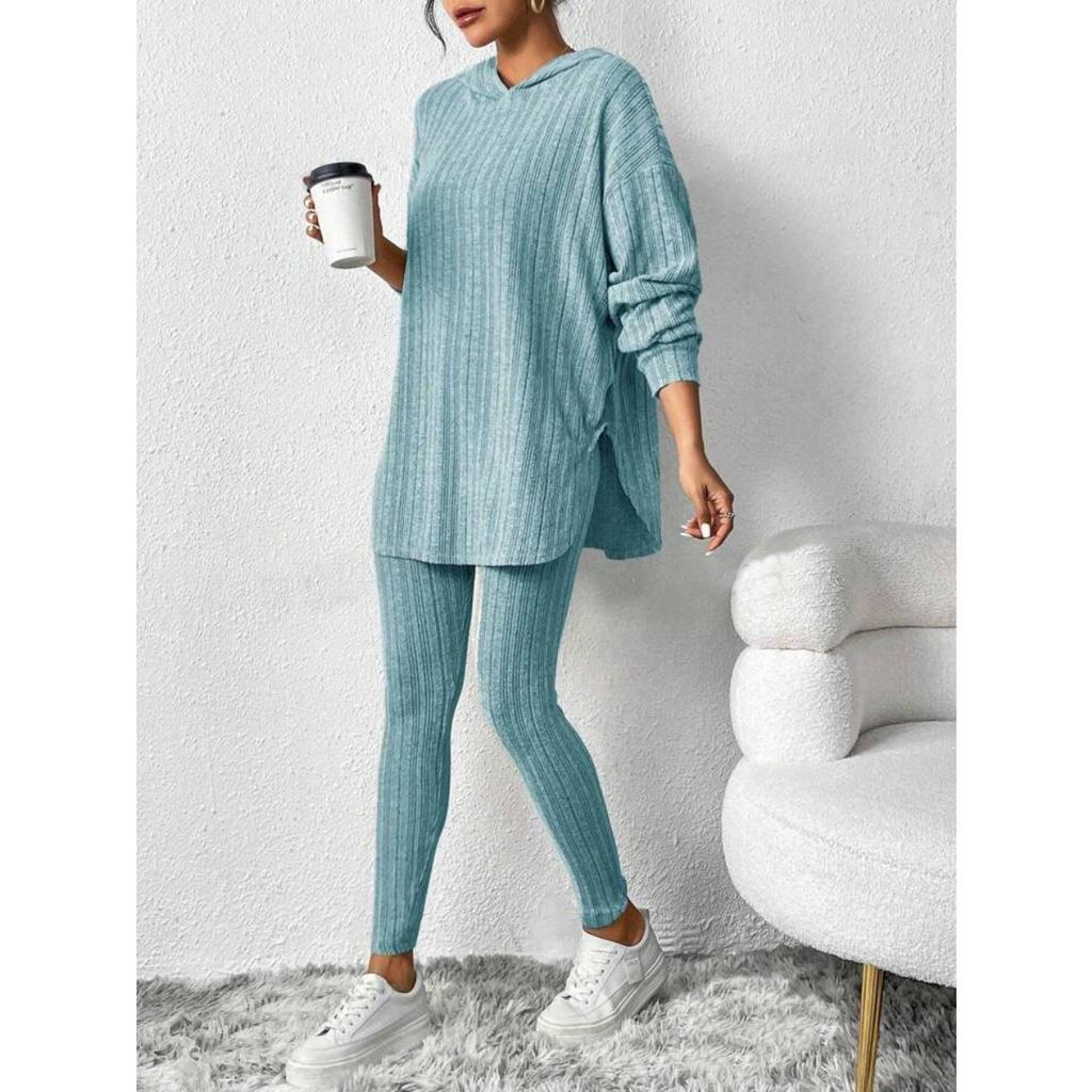 Fall Winter Women's Ribbed Knit Loose Hooded Long Sleeve Top + Pants Matching Set Casual Outfit