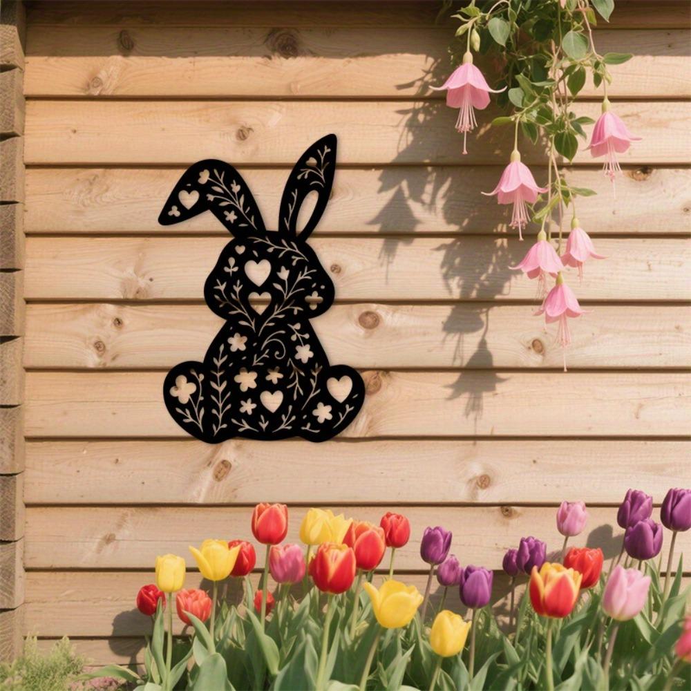 1pc Black Floral Bunny Metal Wall Art, Bohemian Decor for Living Room Bedroom Bathroom Indoor Outdoor, Easter Spring Gift
