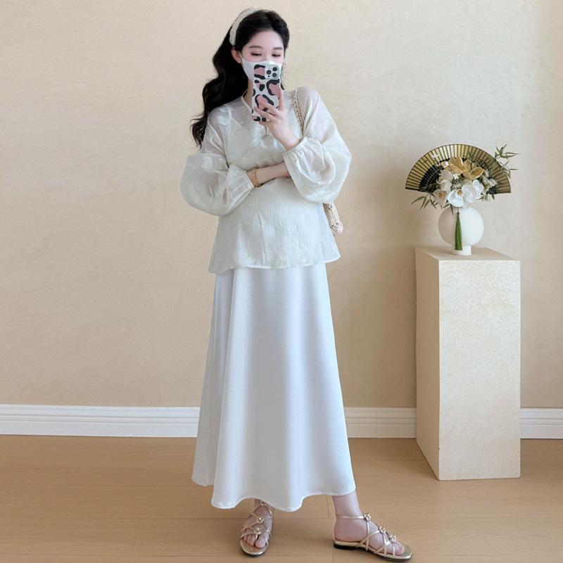 2026 Spring Korean Maternity Jacquard Top & Camisole Dress Set L
