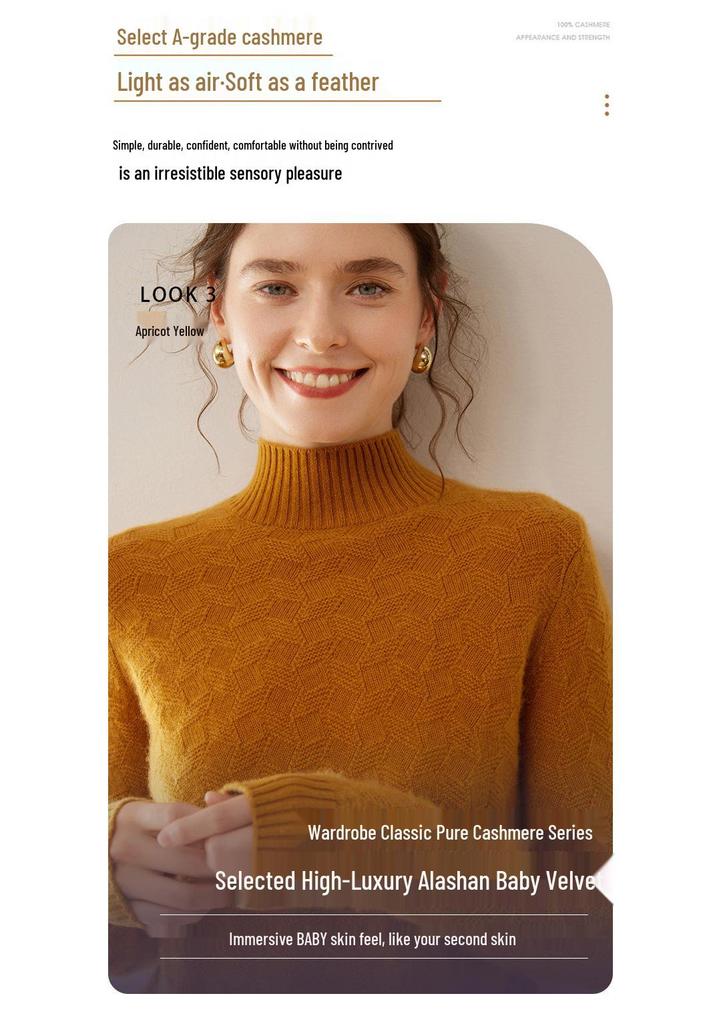 Twisted Flower Half-High Collar Cashmere Knit Sweater - Women's Loose Solid Color Casual Pullover, Long Sleeve Warm Top