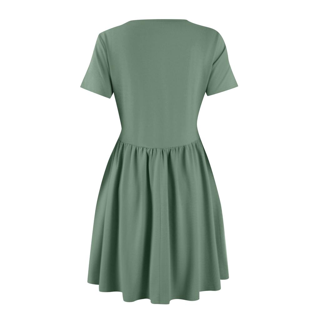 Women's Summer Casual Short Sleeve Dress U Neck A Line Pleated Swing Dresses Basic Short Dress With Pockets