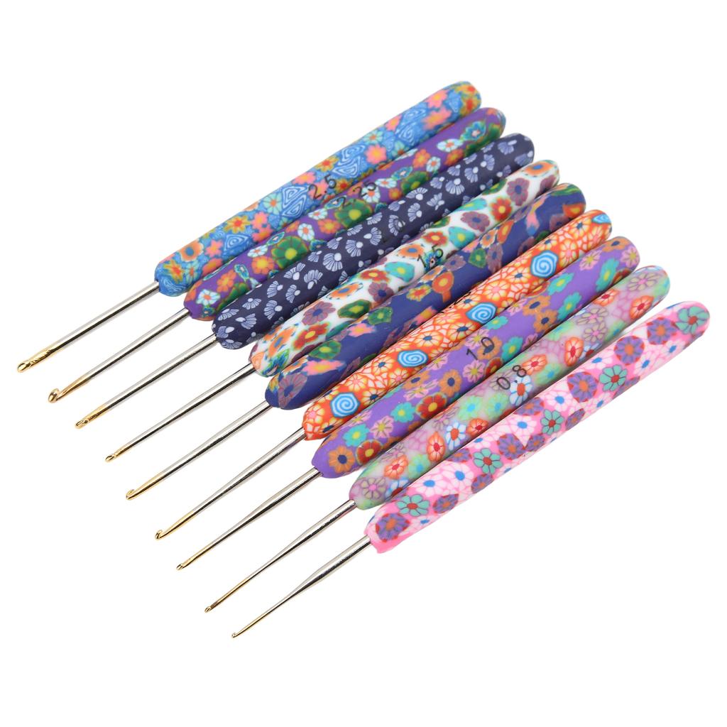 9pcs Crochet Hooks Ergonomic Design Attractive Colors Soft Pottery Handle DIY Making Aluminum