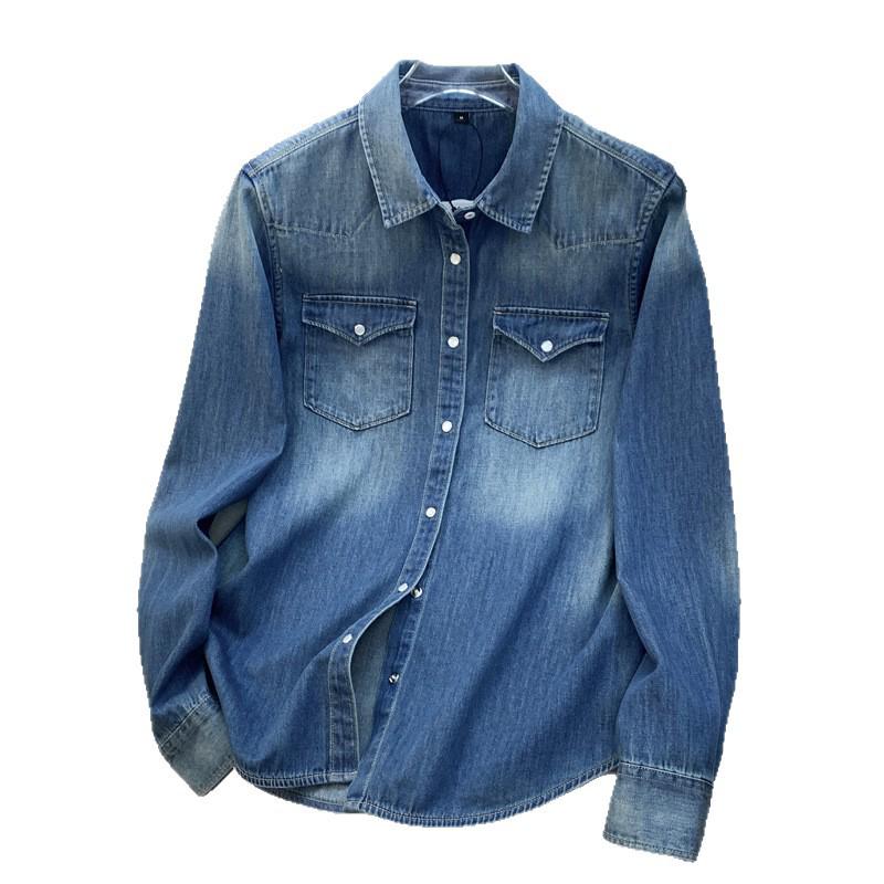 Women's Distressed Washed Denim Shirt - Long Sleeve, Versatile Base Layer for Spring