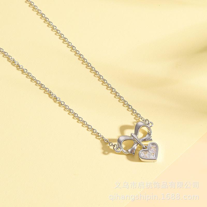 Design Love Bow Necklace Women'S Light Luxury Simple Versatile Zircon Heart Pendant Clavicle Chain