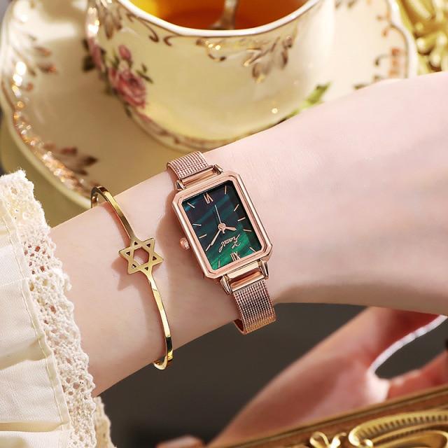 Women Watches Fashion Square Ladies Casual Quartz Watch Bracelet Set Green Dial Simple Rose Gold Mesh Watches
