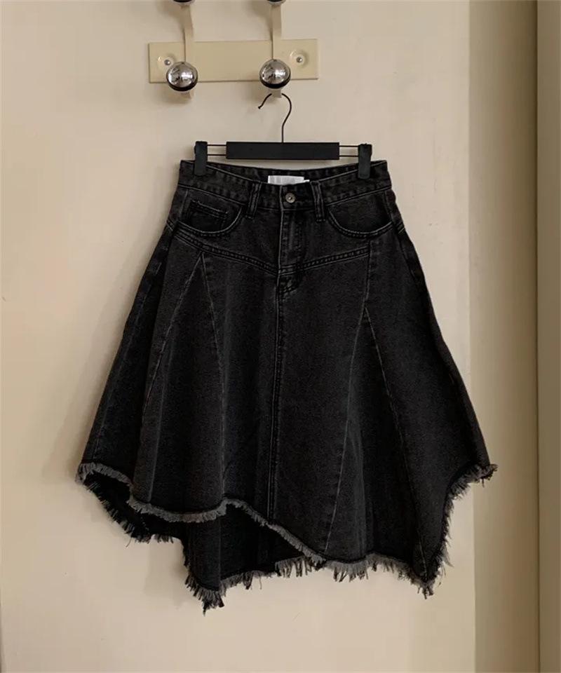 Spring 2026 Korean Chic Irregular Hem Denim Skirt Small чёрный