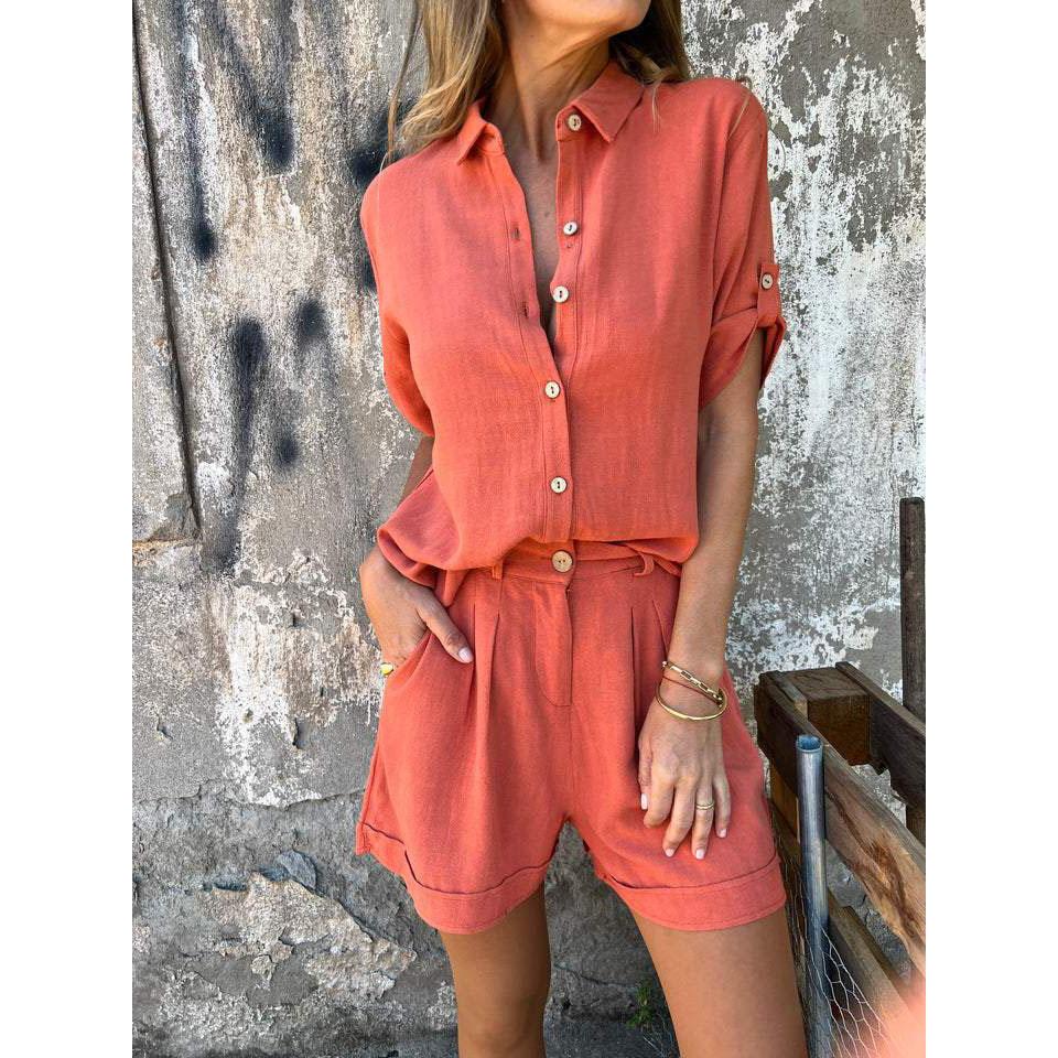 Summer Women's Fashion Elegant Shorts Short Sleeve Two-Piece Set Casual Commuter Loose Button Shirt Tops And Shorts Set