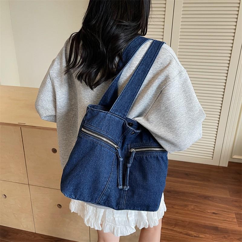 Large-capacity Casual Bag Women's Washed Denim Canvas Single-shoulder Tote Retro Fashionable Commuting Underarm
