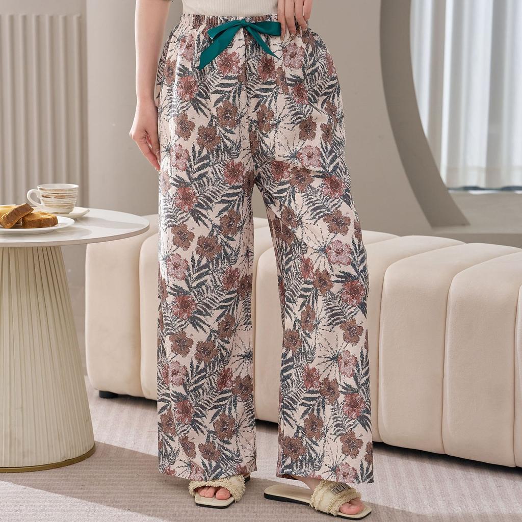 Cotton Silk Family Spring and Autumn Women's Cotton Silk Pajama Pants Wide-leg Pants Thin Artificial Cotton Can Be Worn Outside Casual Home Pants