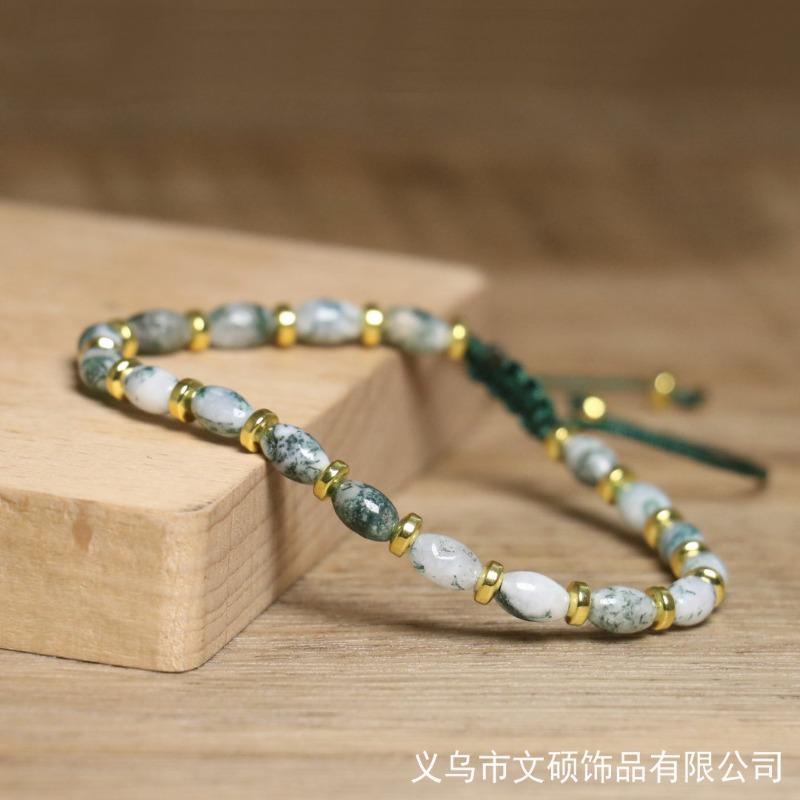 Tree Agate Oval Bead Bracelet – Gold Accent Adjustable Boho Jewelry, Nature Calm Gift for Women