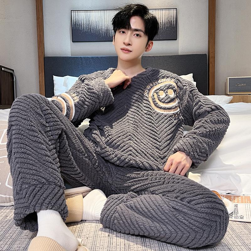 Men's pajamas coral fleece autumn and winter warm home leisure suits can be worn outside plush loungewear men's